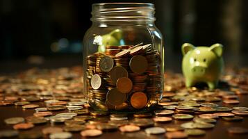 vidro jarra com ouro moedas. conceito dinheiro financeiro sistema investimento e acumulação do riqueza dentro bancos foto