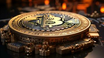 bitcoin criptomoeda ouro moeda em uma computador lasca para mineração foto
