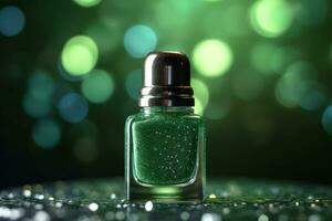 ai generativo foto do uma verde unha polonês garrafa em verde brilhar fundo