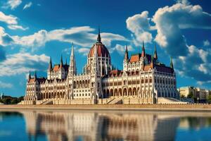 parlamento construção dentro Budapeste, Hungria às pôr do sol com reflexão dentro água, lindo construção do parlamento dentro Budapeste, popular viagem destino, ai gerado foto