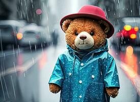 Urso de pelúcia Urso vestem capa de chuva em a rua foto