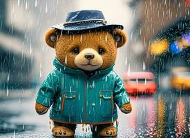 Urso de pelúcia Urso vestem capa de chuva em a rua foto