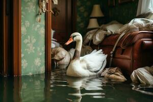 branco cisne nada dentro uma inundado apartamento generativo ai foto