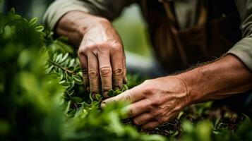 mãos plantio uma árvore, plantio plantas dentro a jardim generativo ai foto