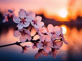 cereja flores contra uma pôr do sol fundo generativo ai foto