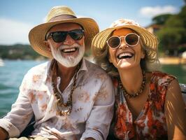 ai gerado feliz aposentado casal verão foto