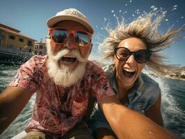 ai gerado feliz aposentado casal verão foto