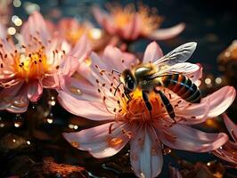 querida abelha colecionar néctar a partir de flores dentro água, fechar-se, 3d renderizado. ai generativo foto