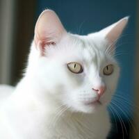 retrato do uma branco gato com azul olhos. ai generativo em uma branco fundo foto