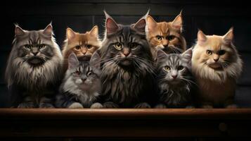 grupo do gatos dentro uma de madeira caixa em uma tijolo parede fundo. ai generativo foto