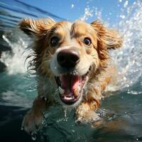 retrato do uma feliz dourado retriever natação dentro a piscina, espirrando dentro a água. ai generativo foto