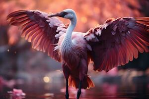 Rosa flamingo com espalhar asas dentro a enevoado floresta. 3d ilustração. animais selvagens cena a partir de natureza. ai generativo foto