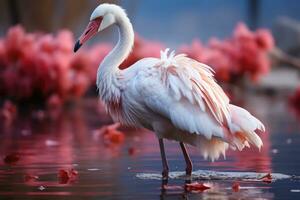 Rosa flamingo com espalhar asas dentro a enevoado floresta. 3d ilustração. animais selvagens cena a partir de natureza. ai generativo foto