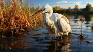 uma branco pelicano em a costa do uma lago dentro a verão ai generativo foto