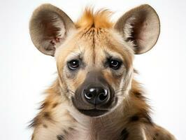 fechar-se retrato do hiena olhando às Câmera. isolado em cinzento fundo. ai generativo foto