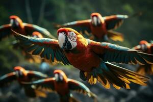 lindo escarlate arara papagaio dentro a floresta. fechar-se. ai generativo foto