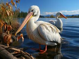 uma branco pelicano em a costa do uma lago dentro a verão ai generativo foto