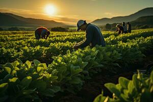 agricultor e agrônomo às trabalhos dentro a campo do legumes. ai generativo foto