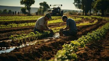 agricultor e agrônomo às trabalhos dentro a campo do legumes. ai generativo foto