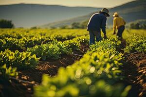 agricultor e agrônomo às trabalhos dentro a campo do legumes. ai generativo foto