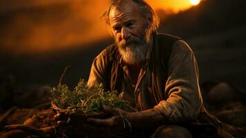 retrato do a velho agricultor trabalhando dentro a campo às pôr do sol. uma homem com uma cesta do verde chá dentro dele mãos às pôr do sol. ai generativo foto