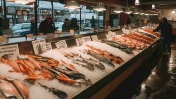 fresco peixe para venda às a flutuando mercado ou peixe mercado. dentro tailândia, Ásia. ai generativo foto