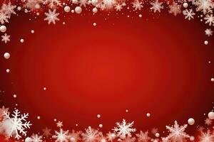 Natal fundo com enfeites e flocos de neve em vermelho fundo. cópia de espaço. ai generativo foto