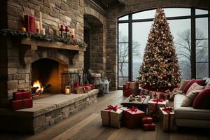 luxo vivo quarto interior com Natal árvore e lareira. 3d Renderização. ai generativo foto