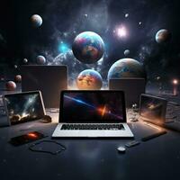 computador portátil em a mesa contra a fundo do a planeta e a universo. ai generativo foto