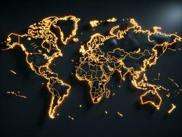 mapa do a mundo com brilhando linhas em Sombrio fundo. 3d Renderização. ai generativo foto