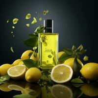 limão óleo dentro uma garrafa com fresco limões em uma Sombrio fundo. limão Colônia conceito. ai generativo foto