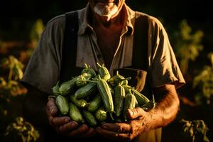 agricultor segurando tigela com recentemente colhido pepinos em campo, fechar-se. ai generativo foto