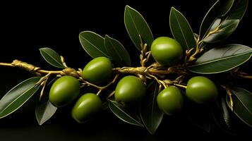 Oliva ramo com verde azeitonas em Preto fundo. estúdio tomada. ai generativo foto