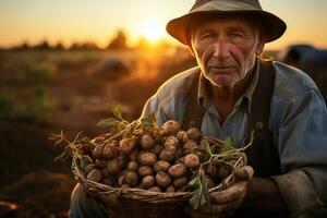 agricultor segurando fresco batatas dentro dele mãos em a campo, colheita conceito. ai generativo foto