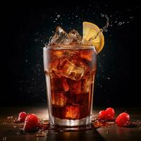 Cola com gelo cubos e respingo em uma Sombrio fundo foto