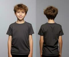 frente e costas Visualizações do uma pequeno Garoto vestindo uma cinzento camiseta. ai gerado foto