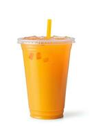 laranja cor beber dentro uma plástico copo isolado em uma branco fundo. levar longe bebidas conceito. ai gerado foto