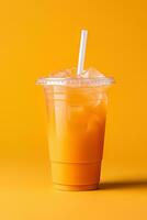 laranja cor beber dentro uma plástico copo isolado em uma laranja cor fundo. levar longe bebidas conceito. ai gerado foto