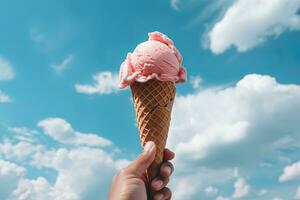 mão segurando morango gelo creme com cone isolado em uma azul céu e nuvem fundo. ai gerado foto