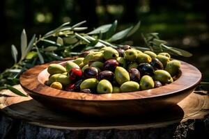 ai generativo imagem do Oliva fruta em topo do de madeira mesa com ao ar livre fundo foto