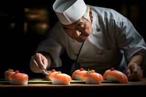 ai generativo japonês chefe de cozinha é fazer Sushi foto