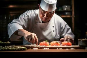 ai generativo japonês chefe de cozinha é fazer Sushi foto