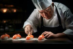 ai generativo japonês chefe de cozinha é fazer Sushi foto