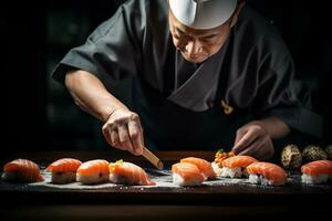 ai generativo japonês chefe de cozinha é fazer Sushi foto