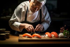 ai generativo japonês chefe de cozinha é fazer Sushi foto