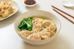 sopa de wonton de porco ou sopa de bolinhos de porco com vegetais - estilo de comida asiática foto