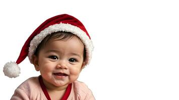 ai generativo retrato do fofa adorável pequeno bebê com santa claus vermelho chapéu isolado em branco transparente fundo foto