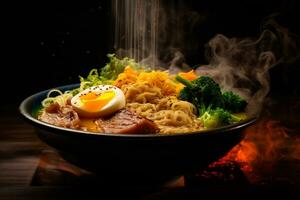 ai generativo tentador cenário do uma vapor tigela do ramen foto