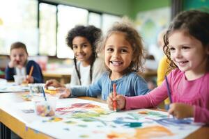 crianças pintura com aquarelas às escola foto