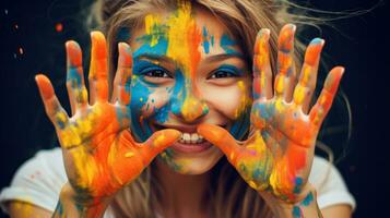 menina com respingado de tinta mãos e face foto